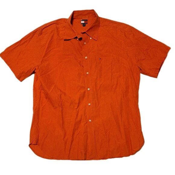 Tommy Hilfiger Men’s XL Orange Cotton Check Short Sleeve Button-Down Shirt - Picture 1 of 6